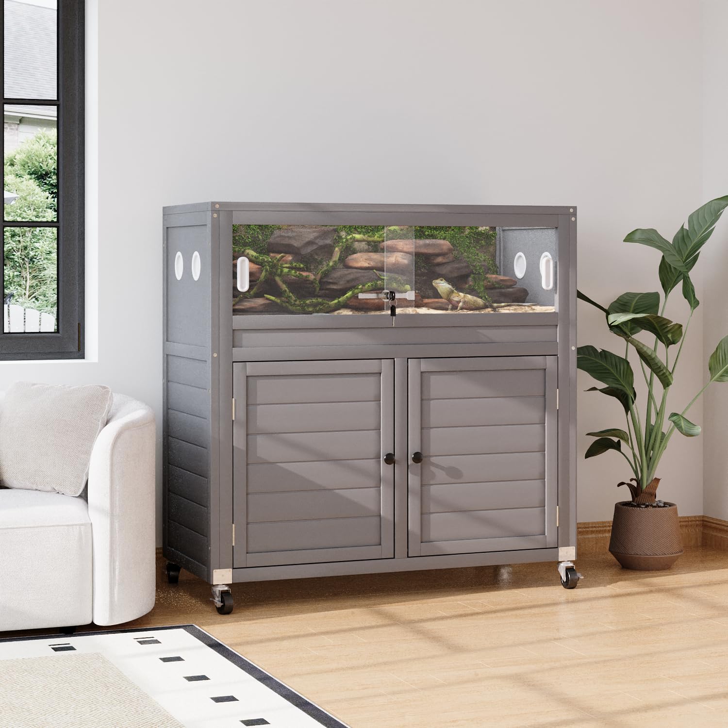 Neocozy Natural Wood Reptile Enclosure,Secure Locking System & All-Terrain Wheels With Built-In Storage Cabinet And Stand, 30 Ga